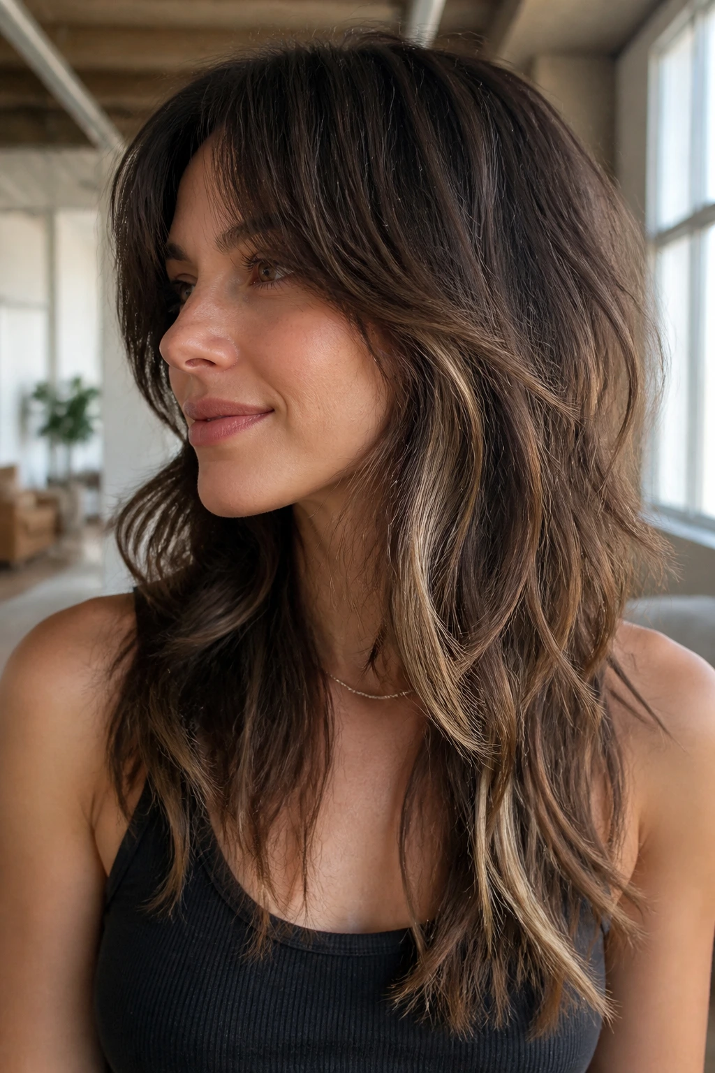 Portrait of a woman with a soft wolf cut and peekaboo babylights