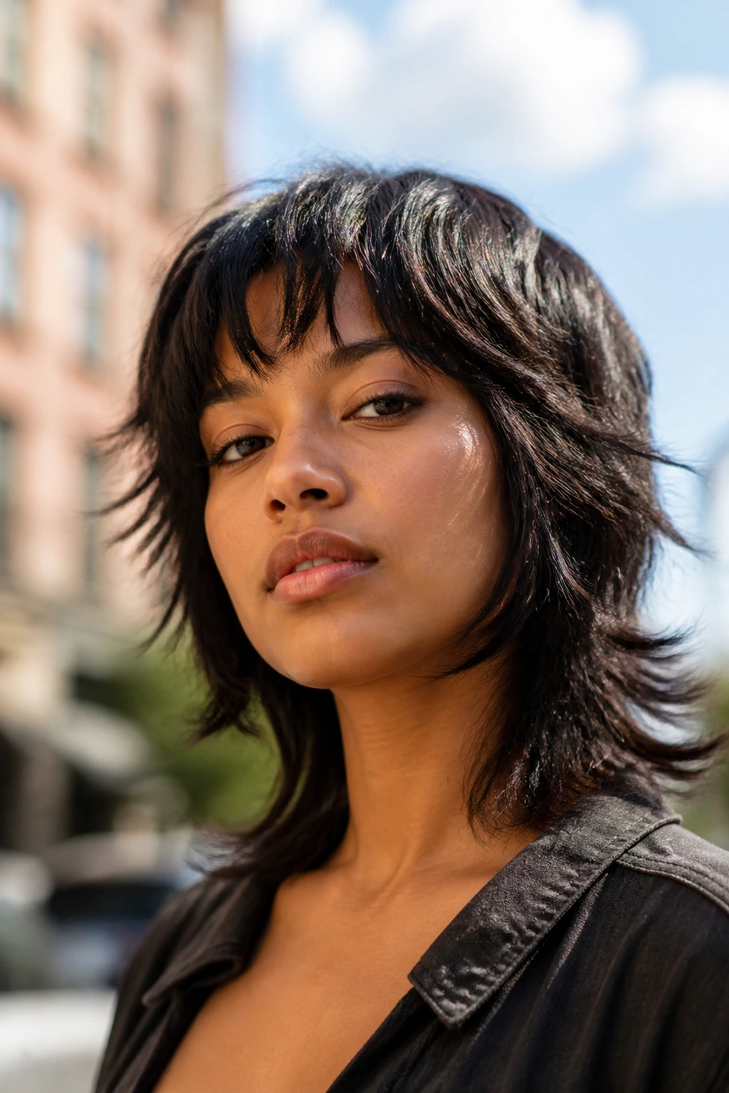 Close-up of wolf cut with piecey bangs on a real woman