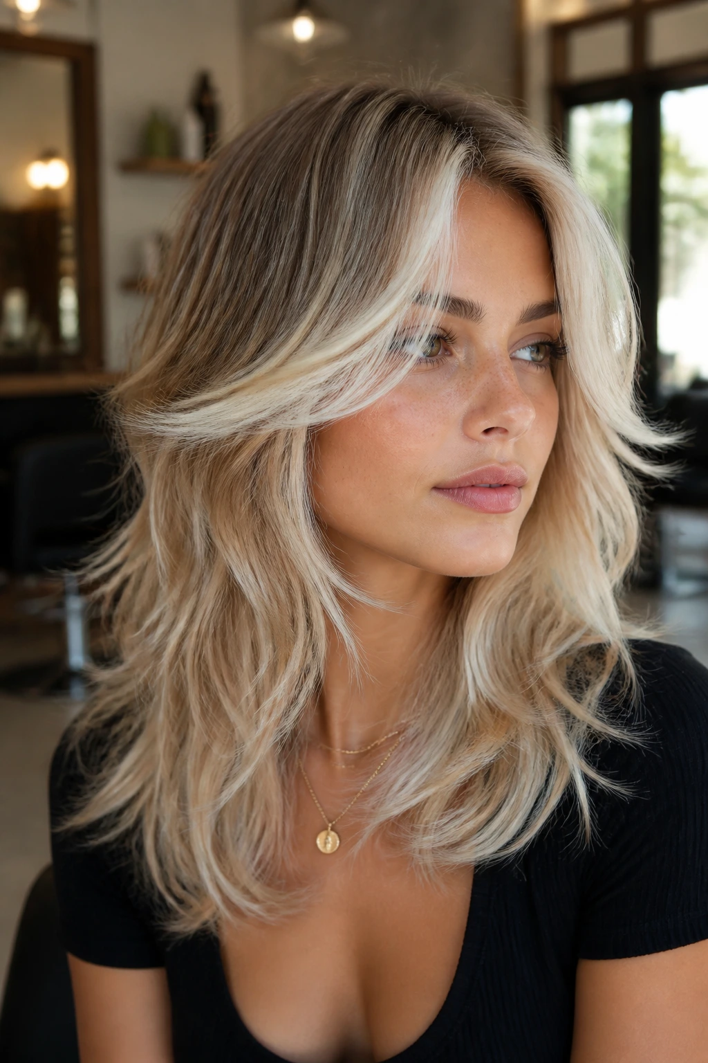 Close-up portrait of a real woman with a feathered wolf cut and platinum face frame in a stylish salon