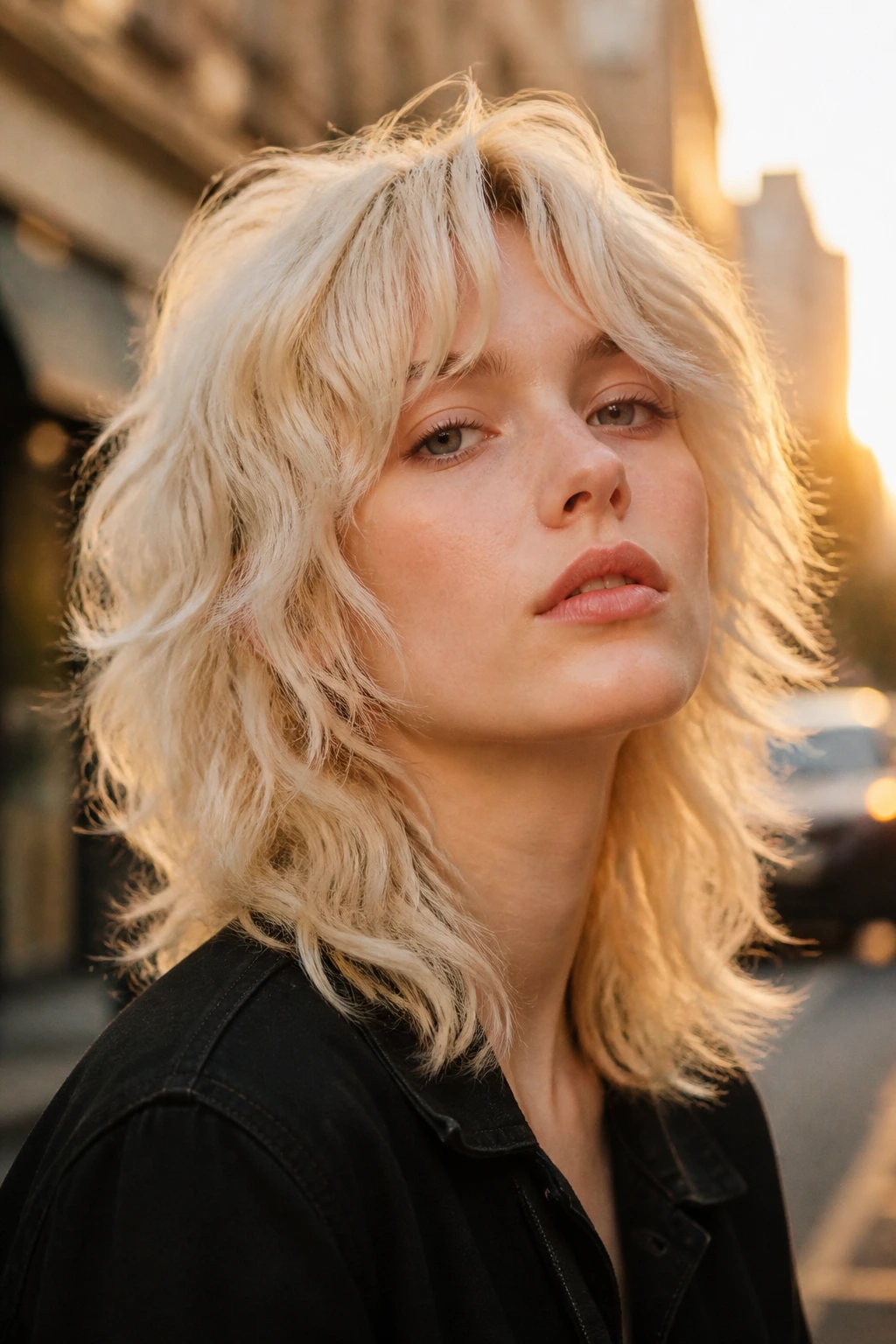 Close-up of a real person with platinum wavy wolf cut on urban street at golden hour