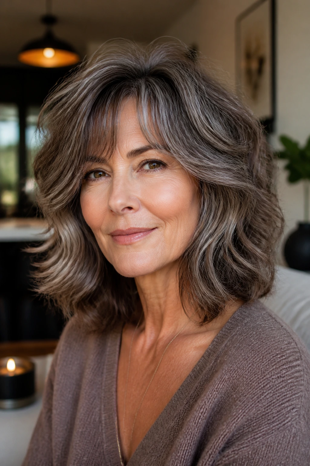 Close-up portrait of a real woman with Soft Wolf Cut and polished texture.