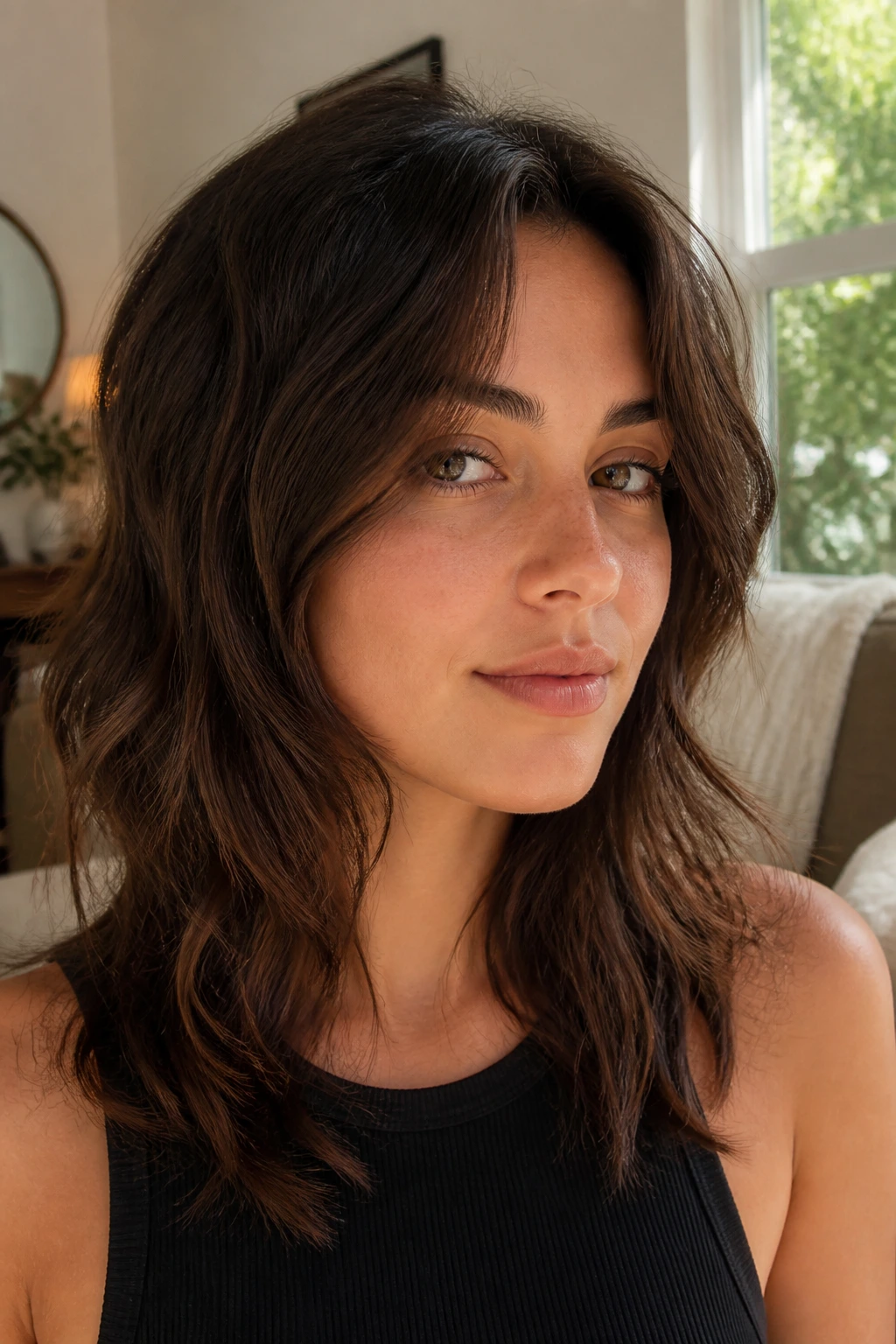 Portrait of a woman with soft wolf cut and crown lift in natural window light