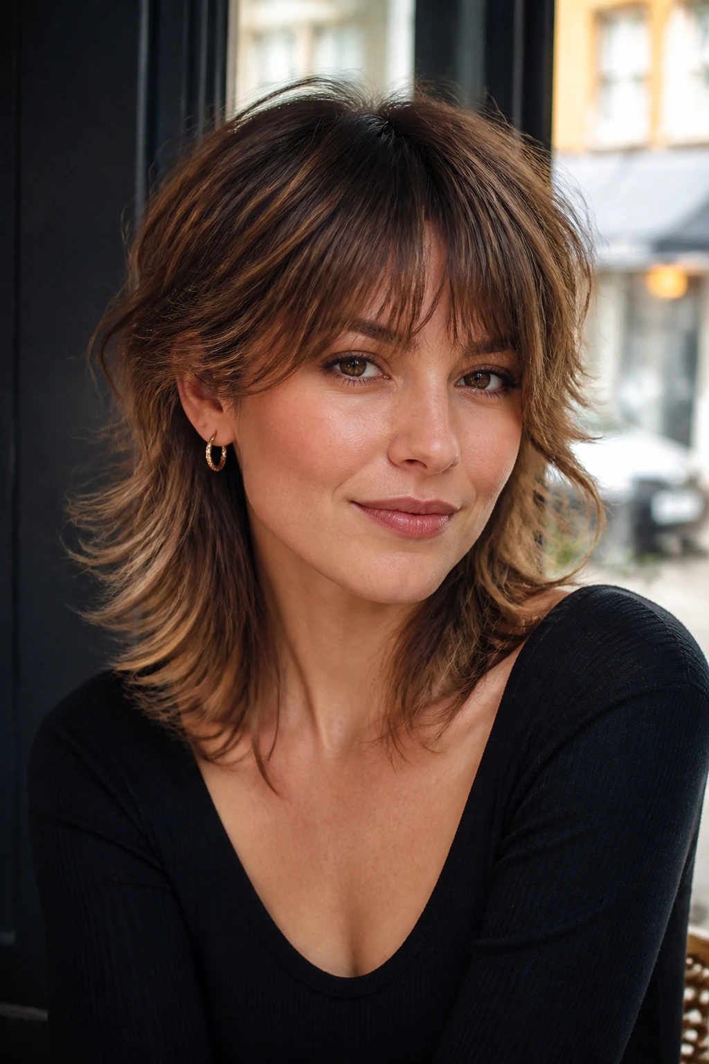 Medium close-up of a real woman with a wolf cut showing crown lift and face framing in daylight at a cafe