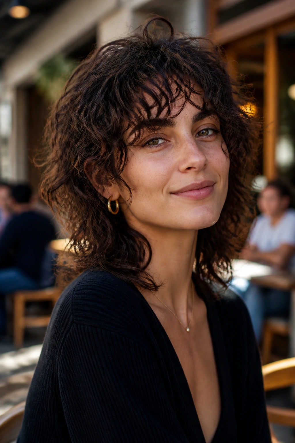 Close-up portrait of a real person with shoulder-length curly wolf cut and cheekbone framing.