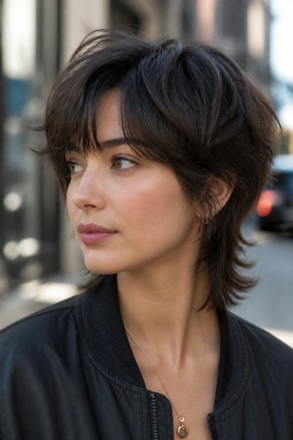 Portrait of a person with a mini wolf cut in an urban setting