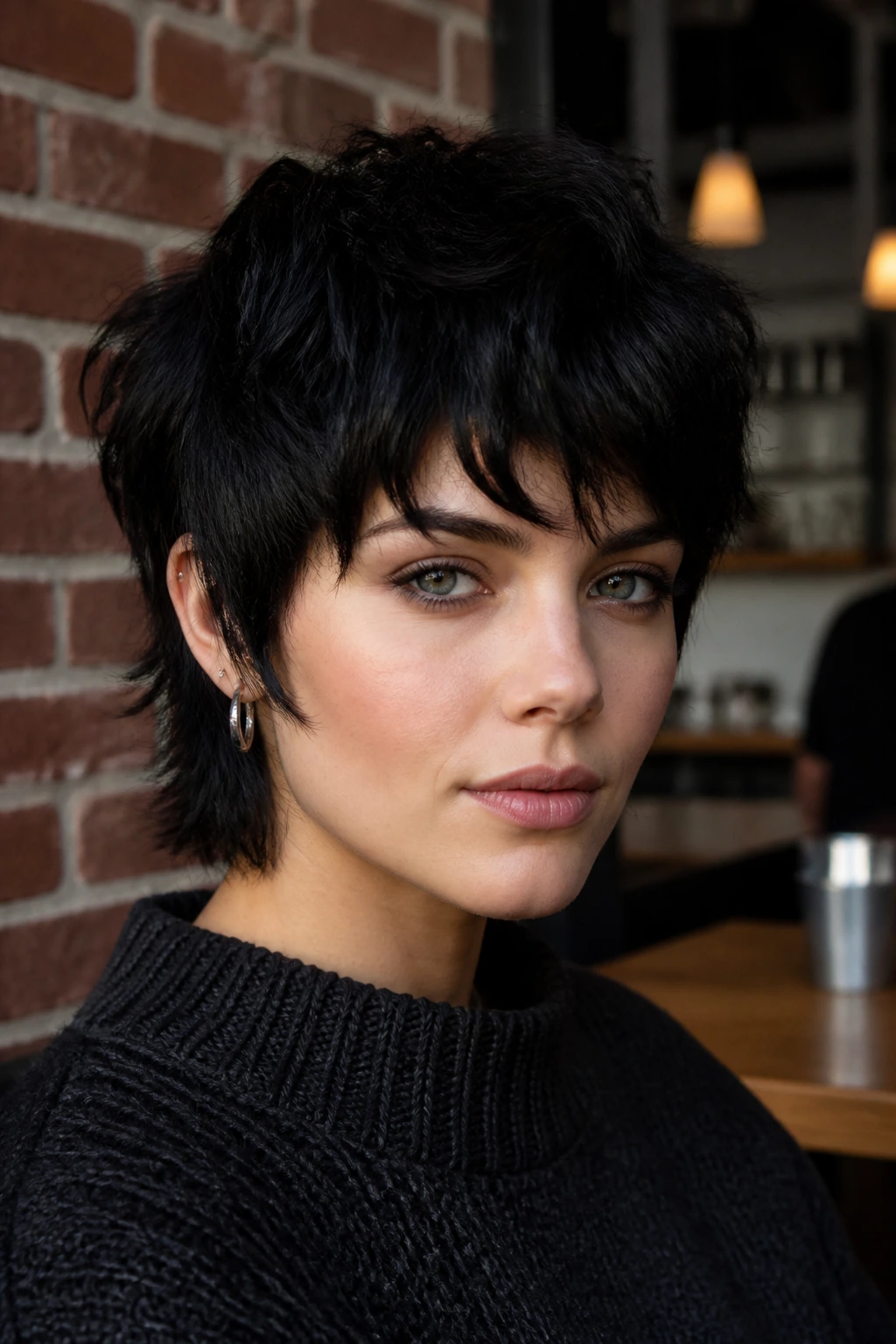 Close-up portrait of a real person with raven wolf cut crop hairstyle in natural daylight