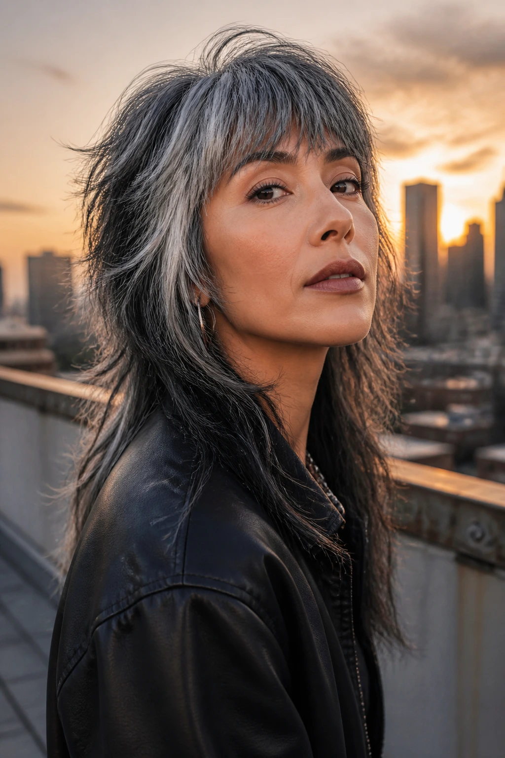 Portrait of a real person with a razored wolf cut at golden hour on a rooftop