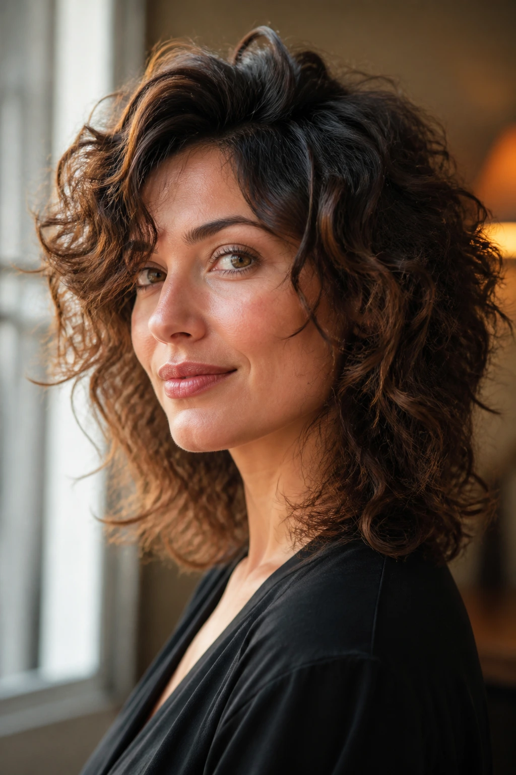 Woman with wolf-cut shag hairstyle on curly hair