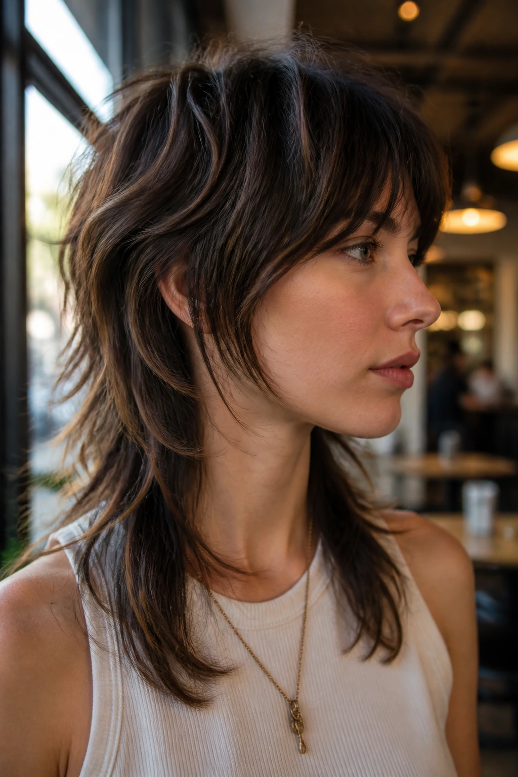 Portrait of a real person wearing a wolf-cut shag for medium hair in daylight at a cafe window