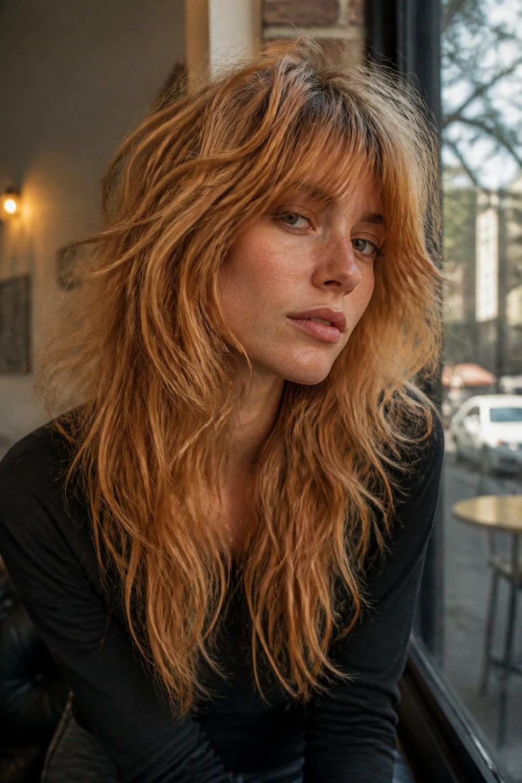 Portrait of a woman with a modern wolf-leaning shag in cafe window light