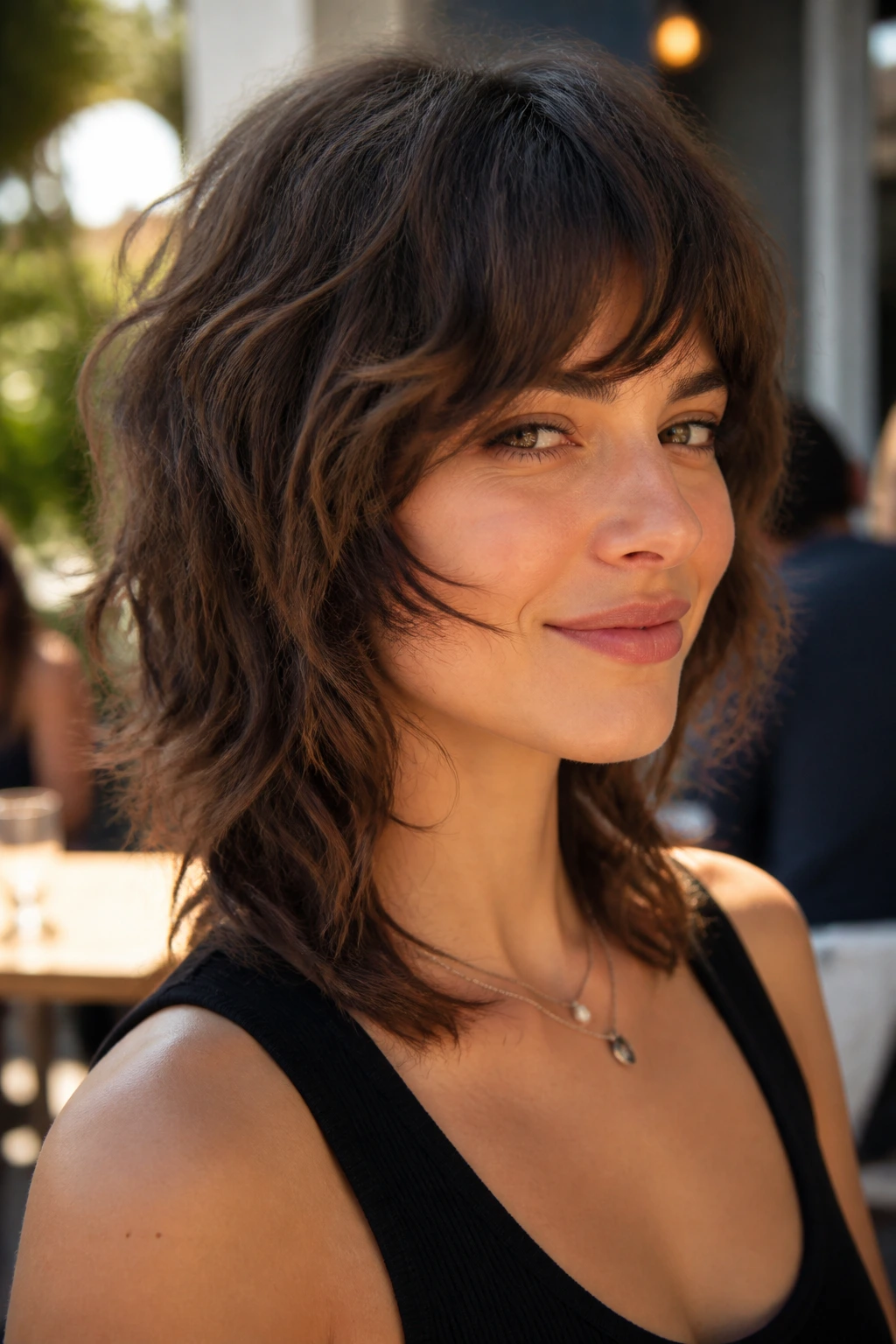 Close-up of real woman with wavy wolf-lean shag in natural light