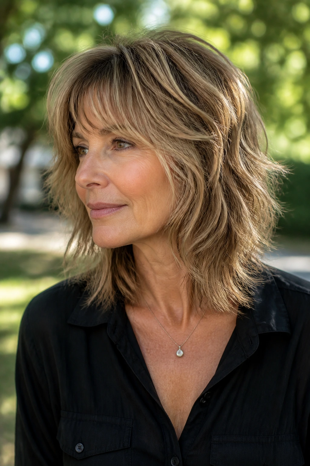 Medium close-up portrait of a real woman with a shoulder-graze wolf cut showing movement