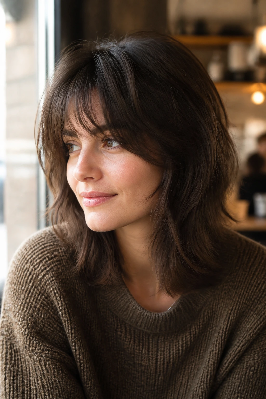 Portrait of a person with a gentle wolf cut on shoulder-length hair in a cozy cafe