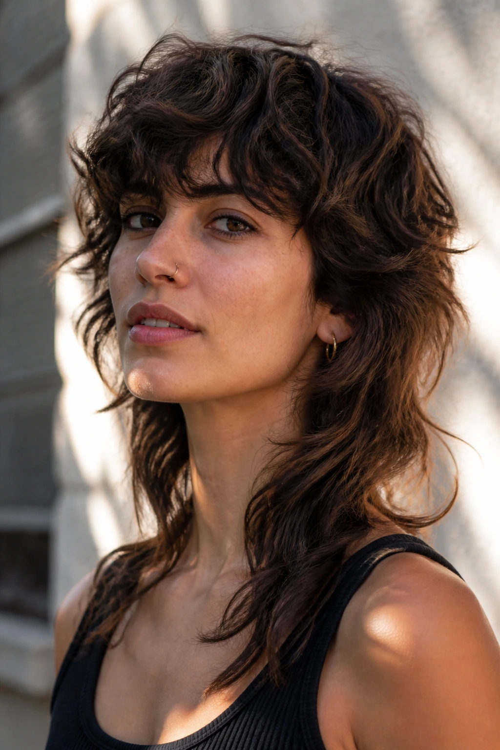 Portrait of a person with wolf cut and side-balanced volume