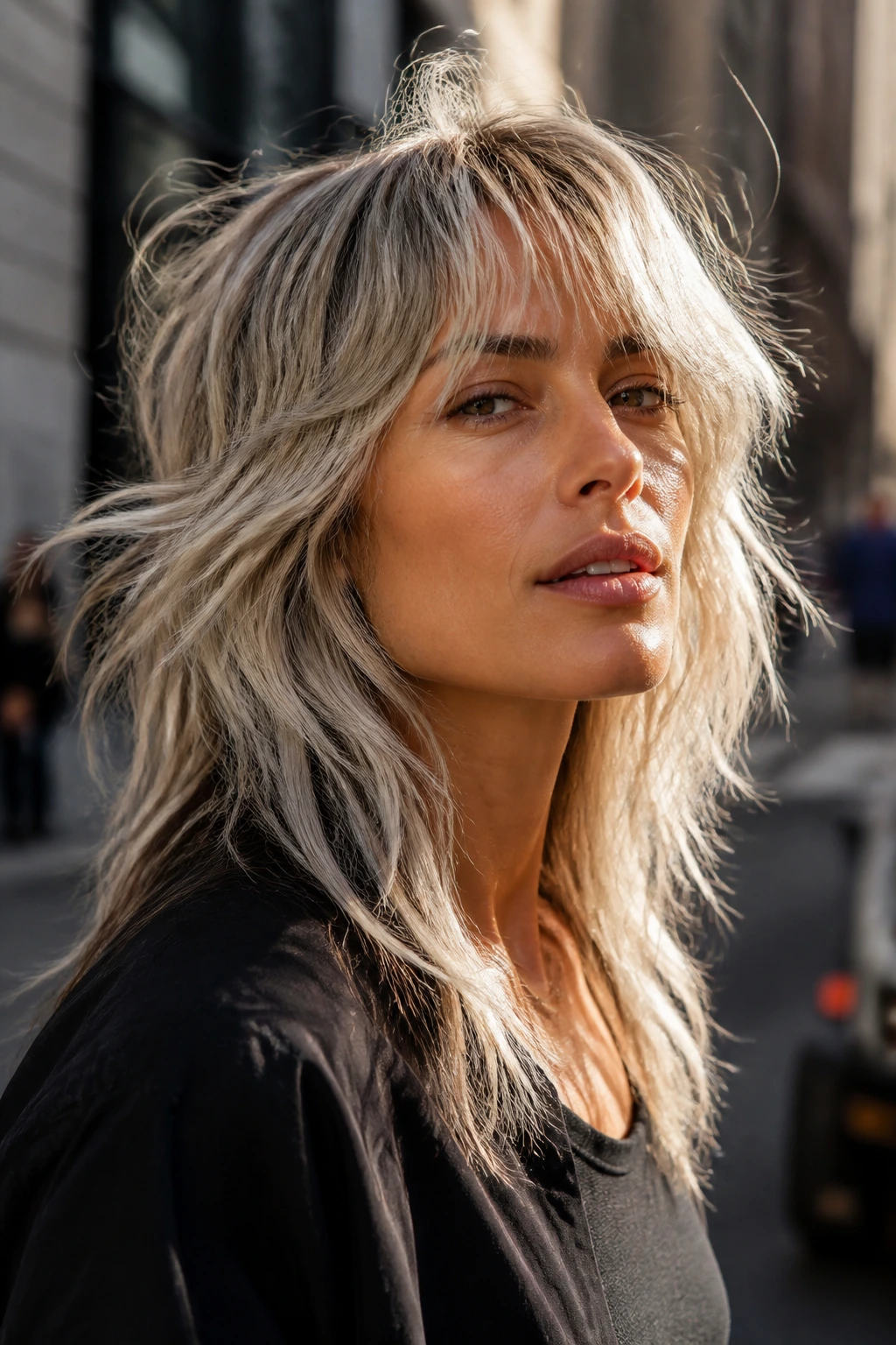 Close-up of a woman with a wolf cut and smoky platinum icy blonde layers, wind-blown hair