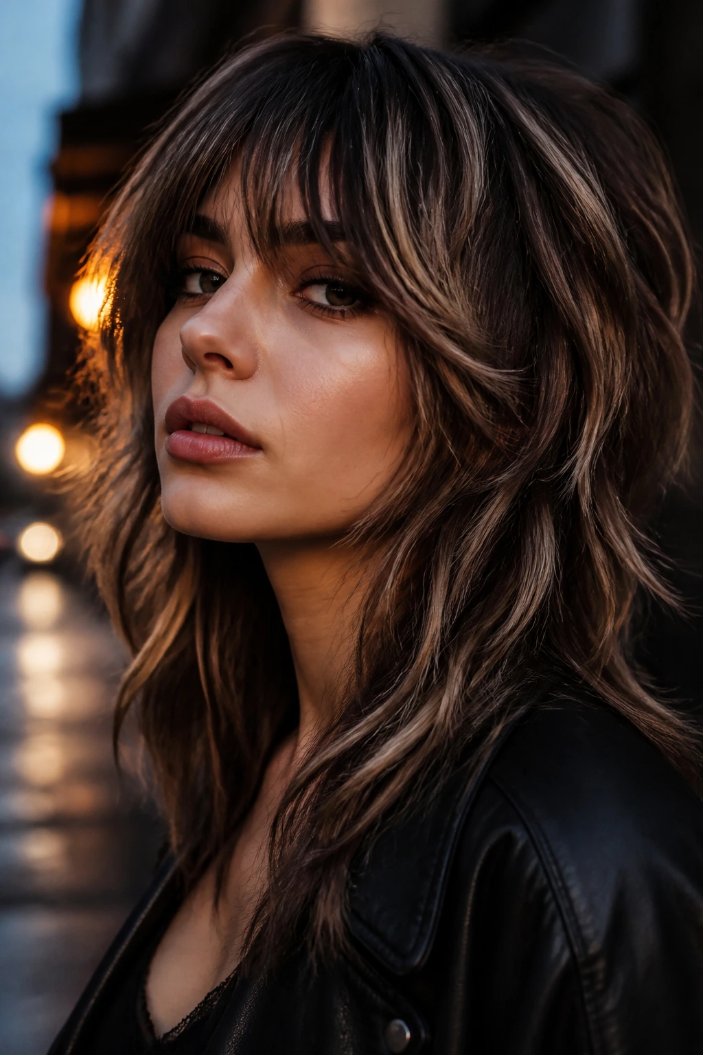 Close-up of a real woman with a smoky wolf cut and smoked lowlights.