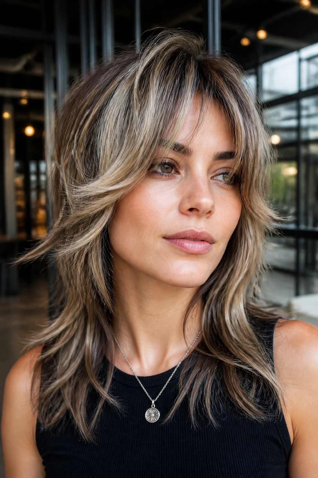 Close-up of wolf cut hairstyle with smoky blonde contrast on a real person