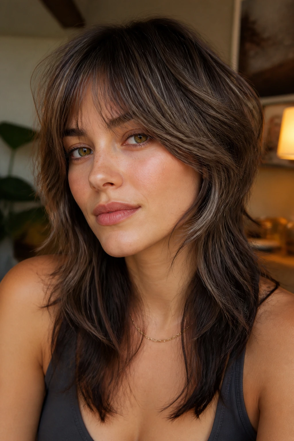 Close-up of wolf-cut lite with smoky brunette lowlights on a real person