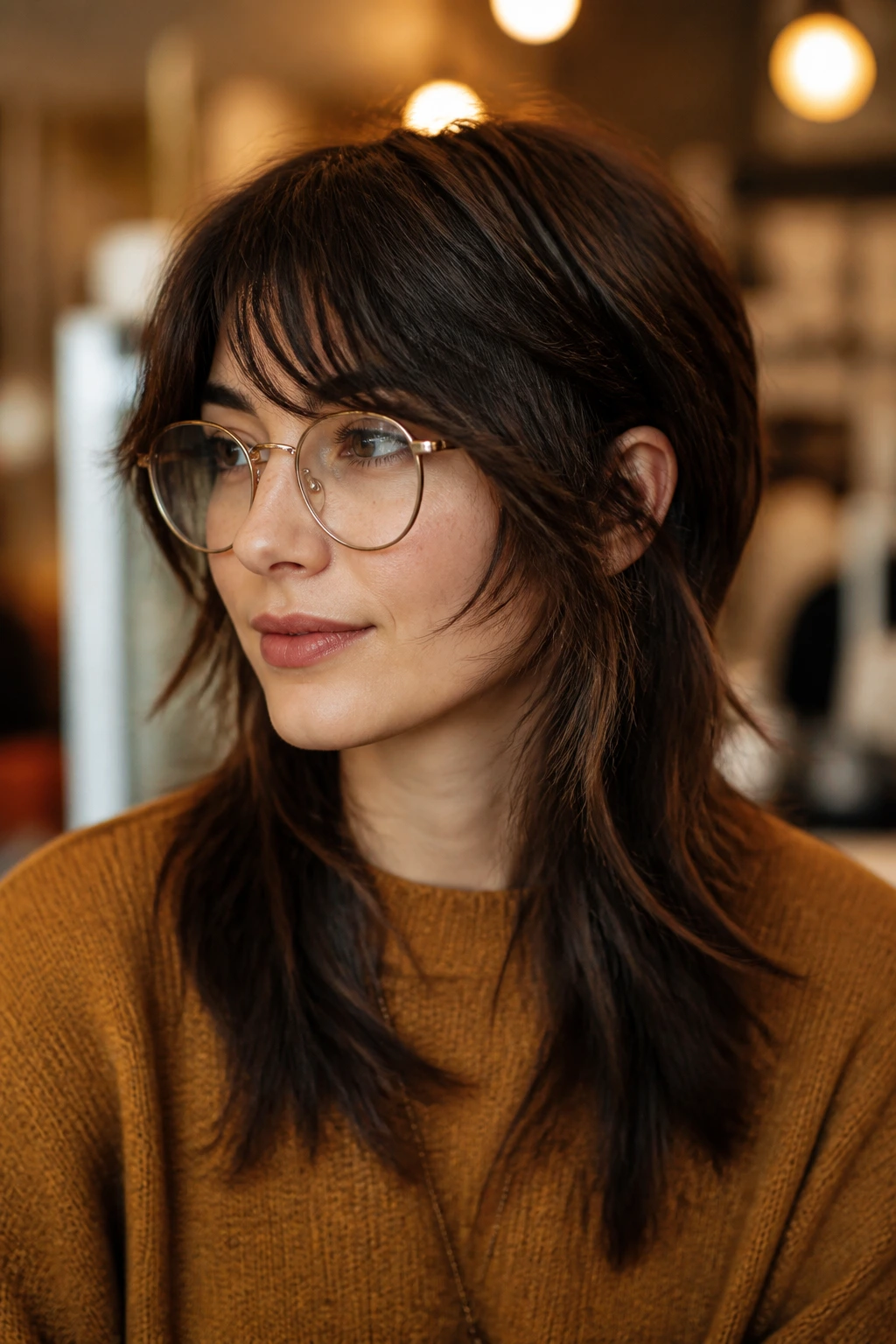 Portrait of a real person with a wolf cut and a soft front blending into the cheeks