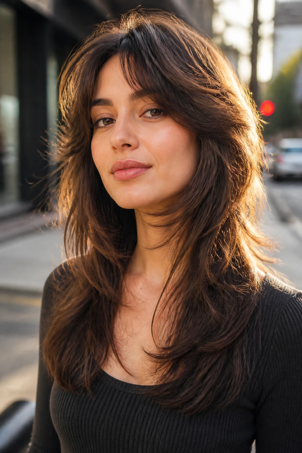 Head-and-shoulders portrait of a real person with a soft wolf cut showing length in the back.