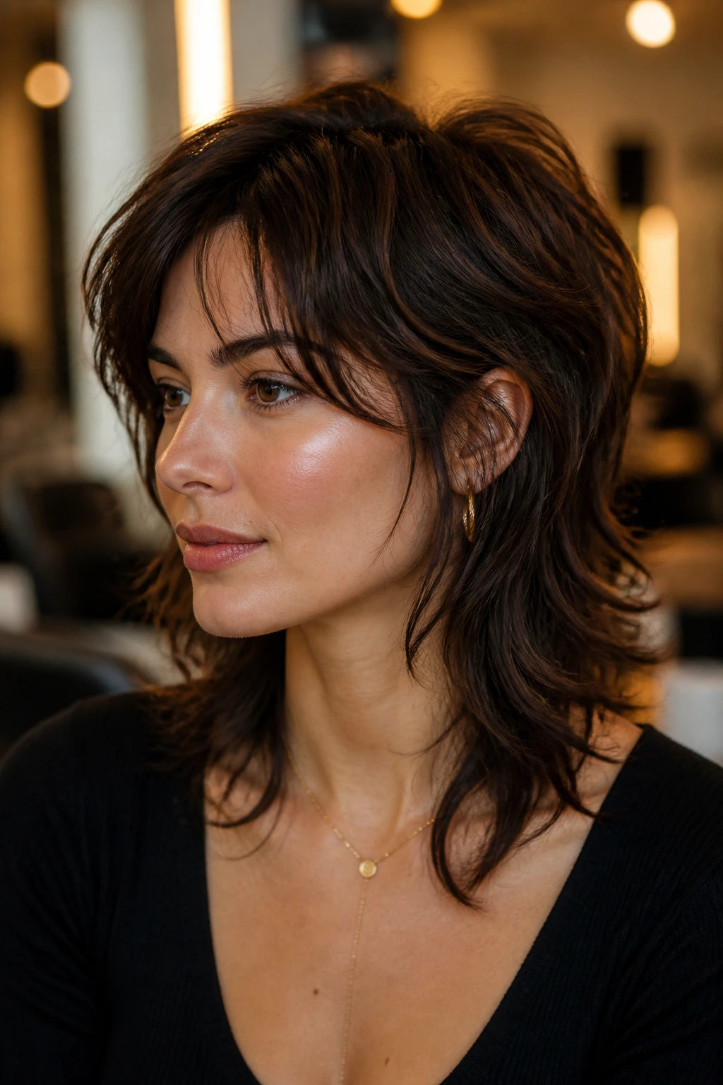 Close-up portrait of a real woman with wolf-lite haircut featuring soft tapered sides and long front.