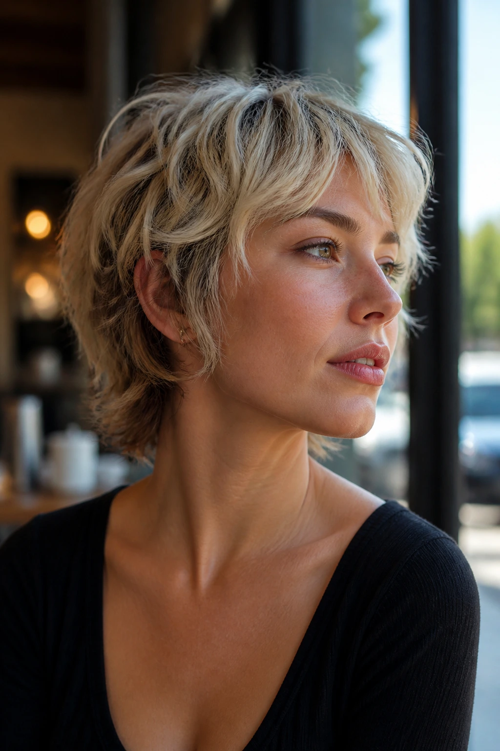Close-up of a real woman with a short wolf cut and spun-out ends