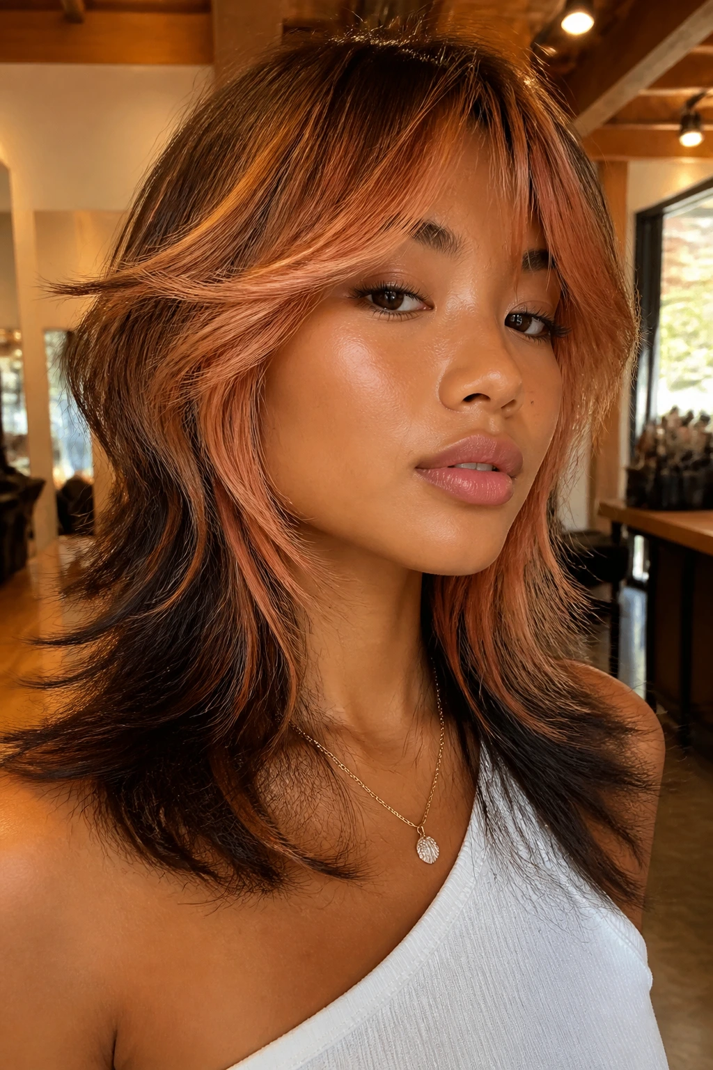 Close-up of a real person with a wolf cut featuring warm strawberry panels framing the face on tan skin