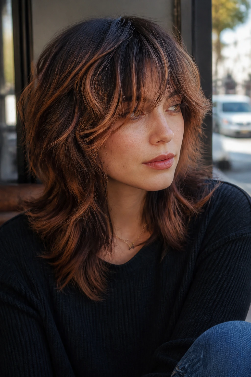 Close-up portrait of a real woman with a wolf cut and feathered strawberry pieces