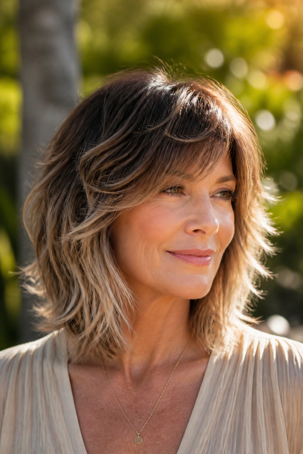 Portrait of a real woman with a soft wolf cut and sun-faded ends.