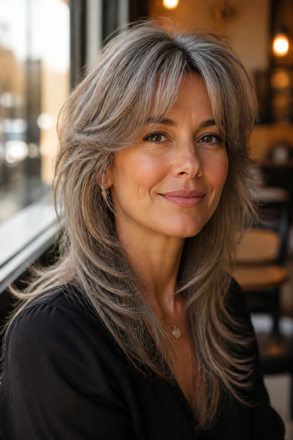 Real person with smoky taupe wolf cut featuring short top layers and longer bottom layers.