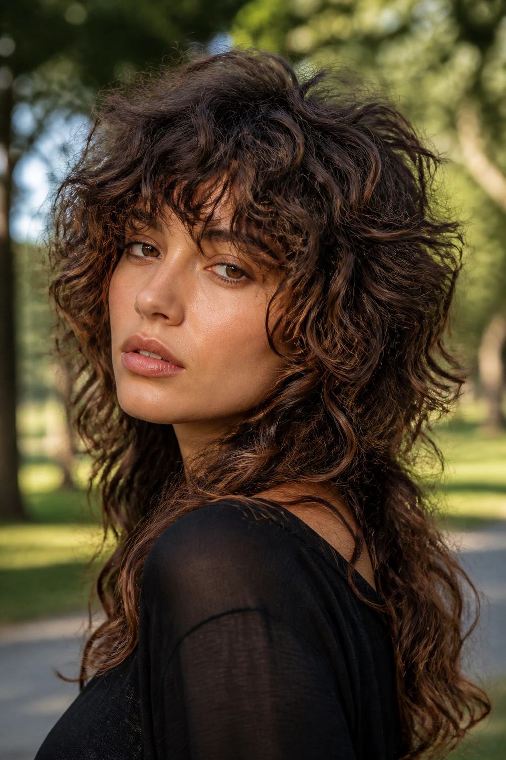 Close-up of a real person showing a textured wolf cut on curly hair in natural light