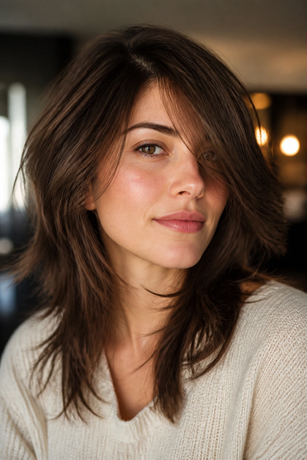 Close-up of a real woman with Soft Wolf Cut With Tapered Ends and diagonal side part