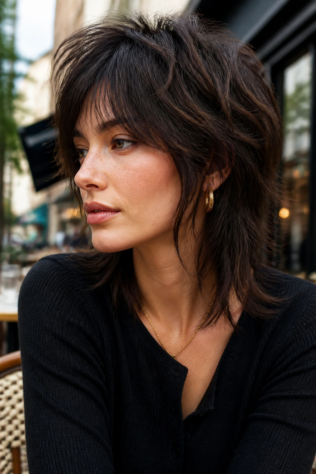 Close-up of a real person with a toned-down wolf cut