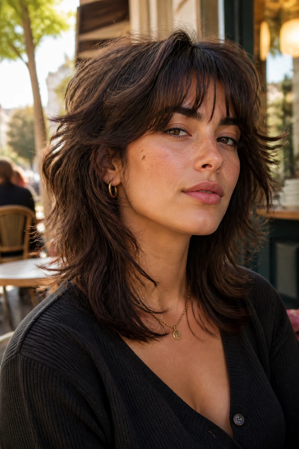 Woman with modern wolf cut in a sunlit cafe setting