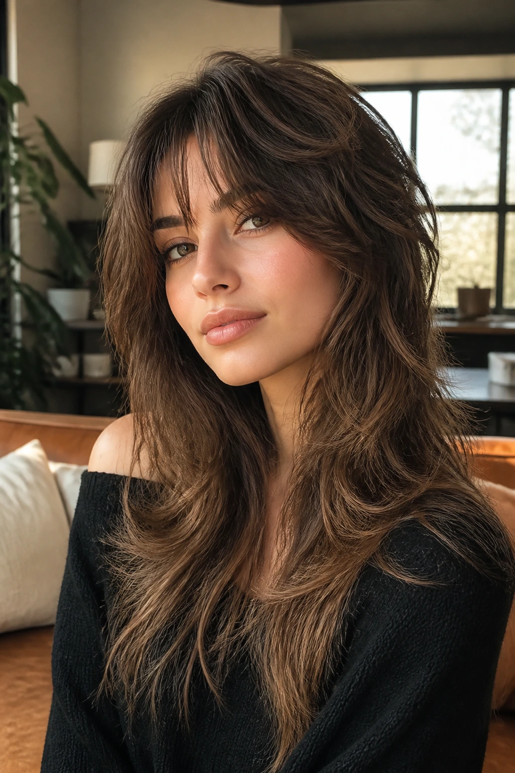 Portrait of a woman with a modern wolf cut showing face-framing layers