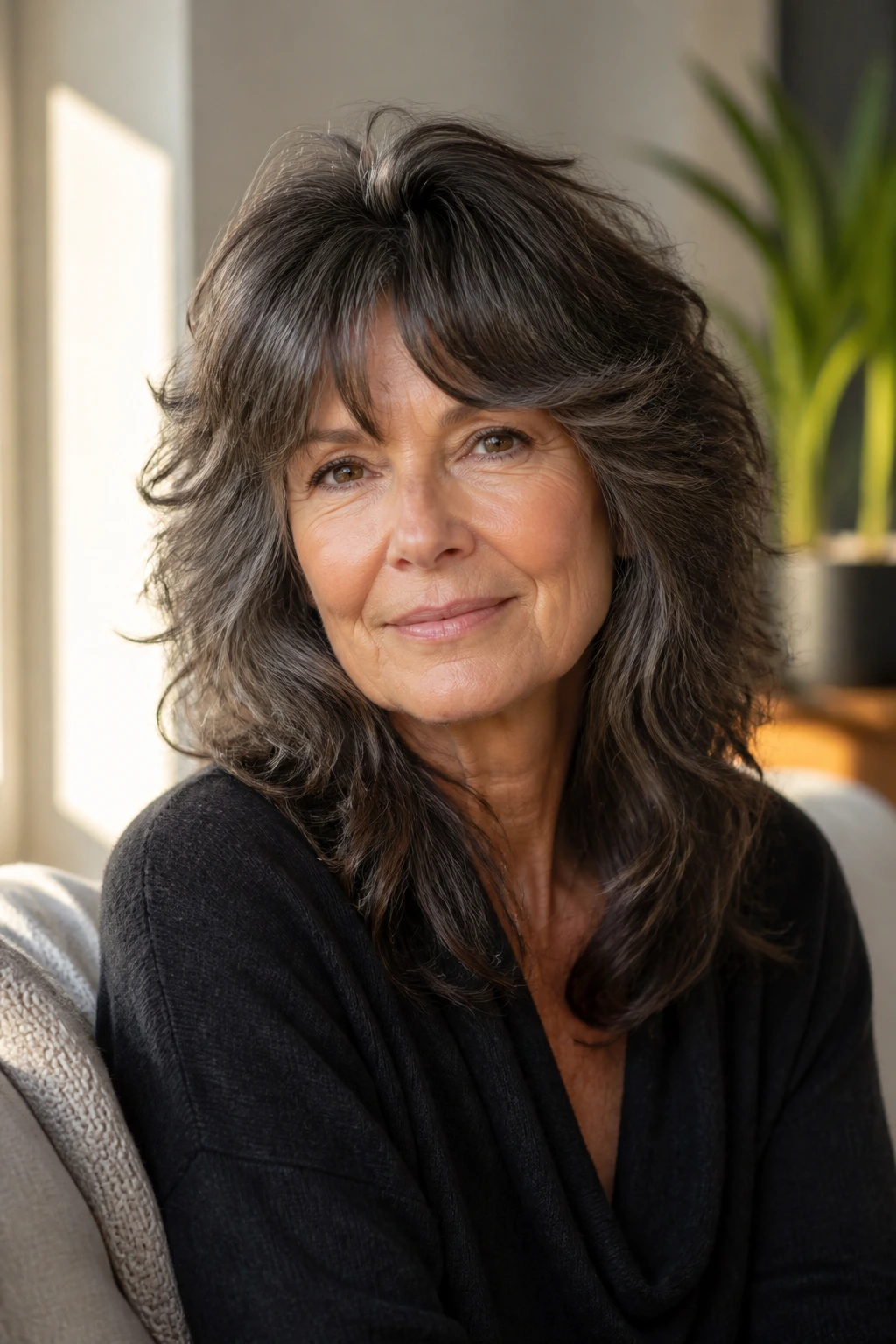 Close-up portrait of a real woman with a soft wolf cut for thick hair under natural window light