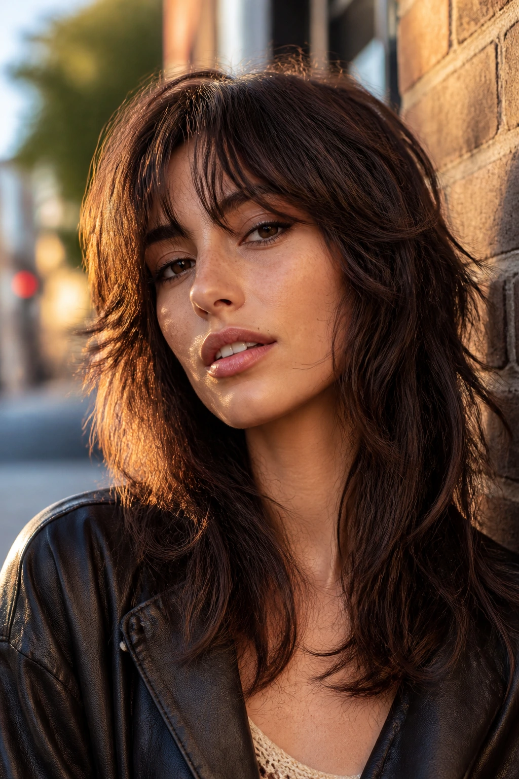 Close-up of woman with modern wolf cut, textured layers and volume on thick hair