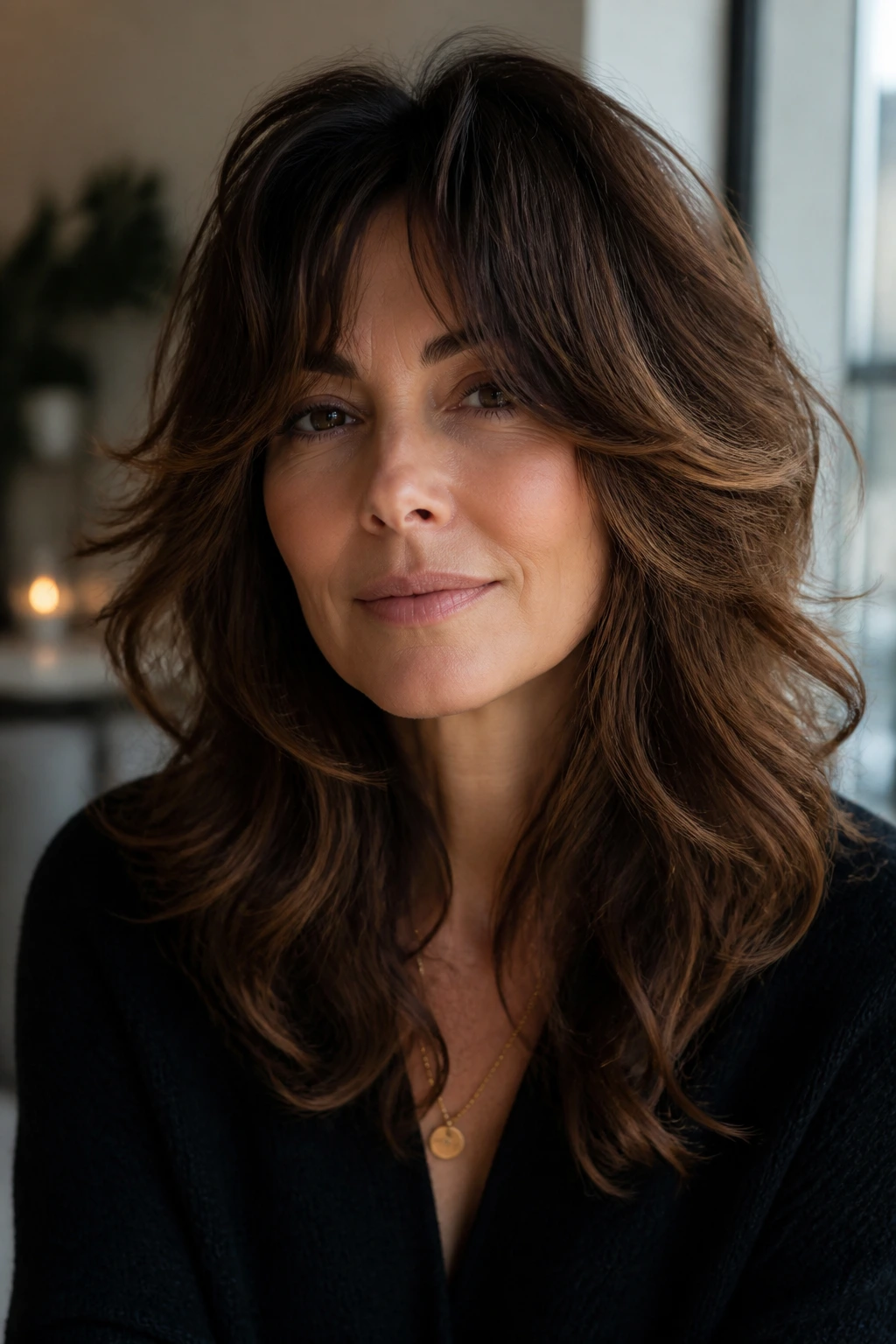 Close-up of a real woman with a thick wavy soft wolf cut