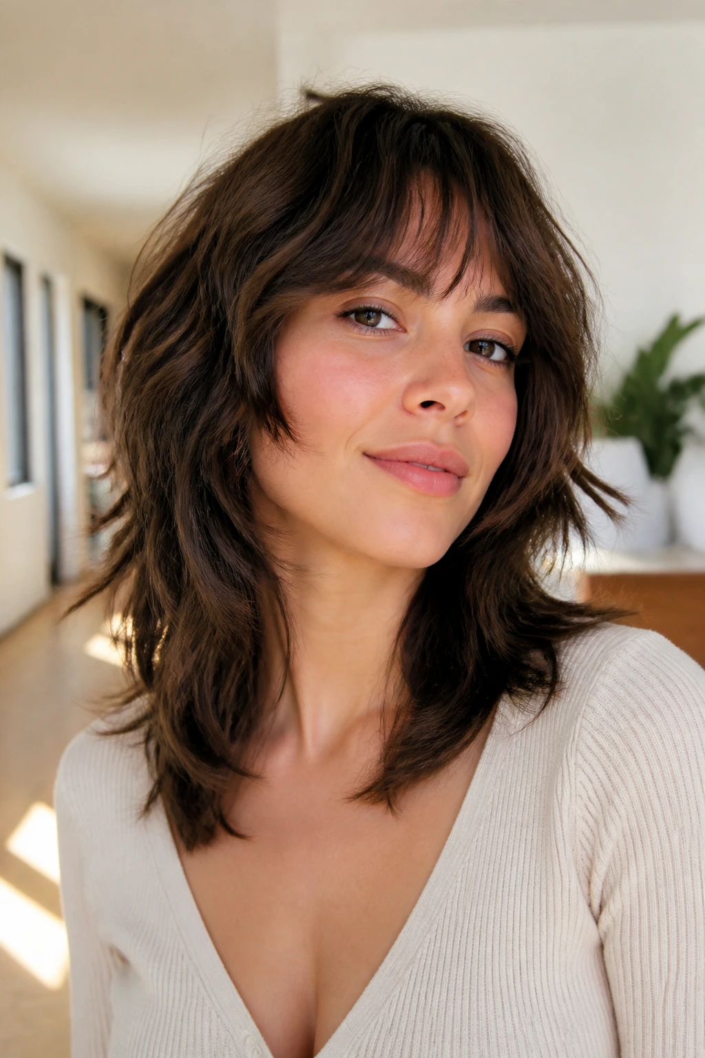 Woman with toned-down wolf cut in everyday setting