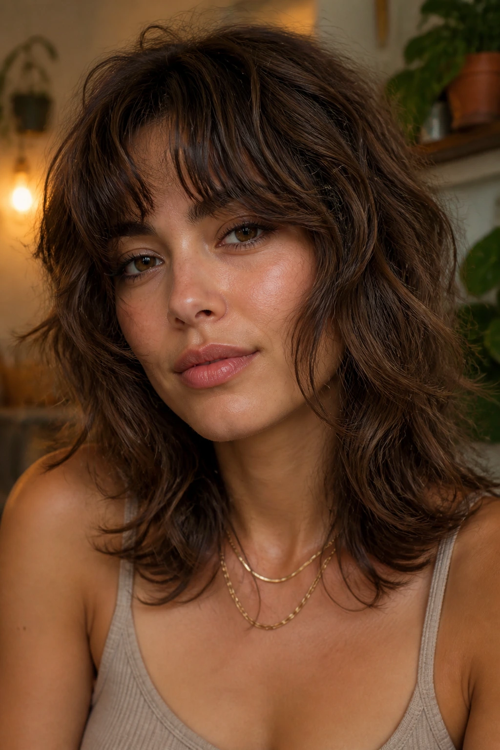 Portrait of a person with a softer wolf-cut variation showing longer crown and front layers.