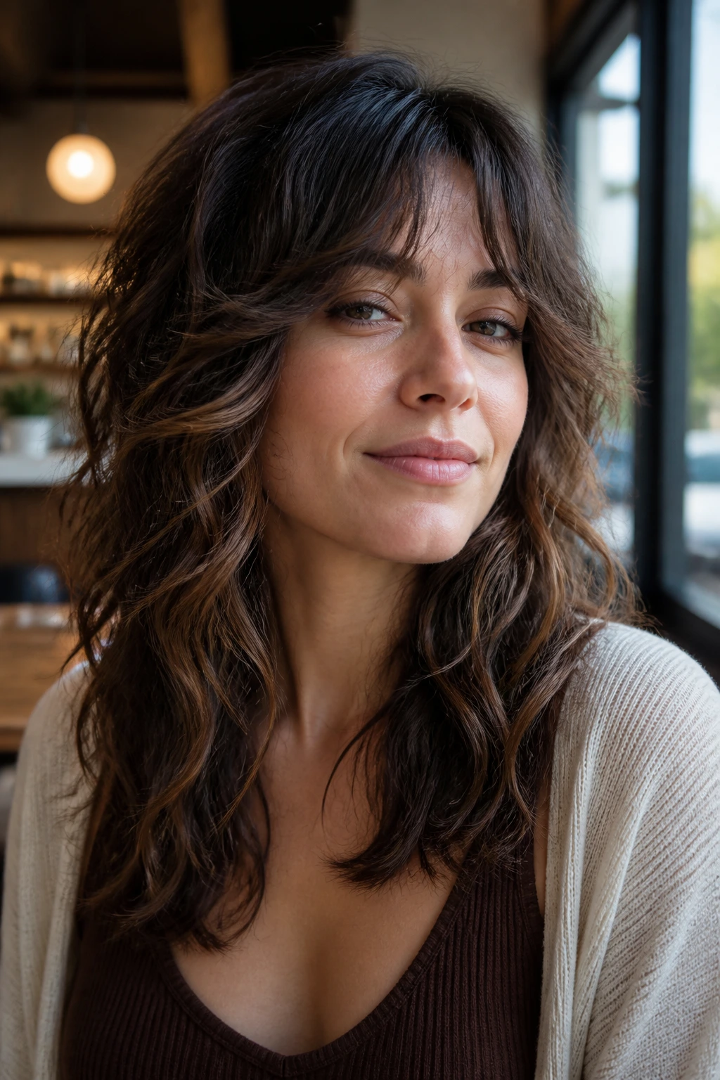 Close-up of a real woman with soft wolf cut and walnut lowlights