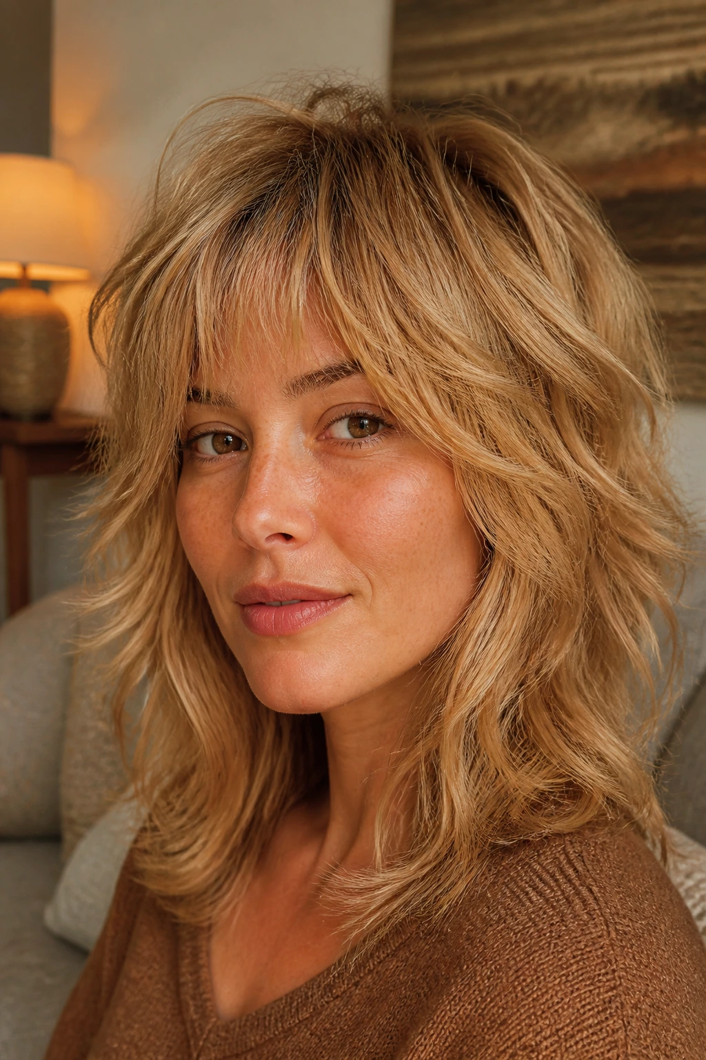 Close-up of warm blonde wolf cut on a real woman
