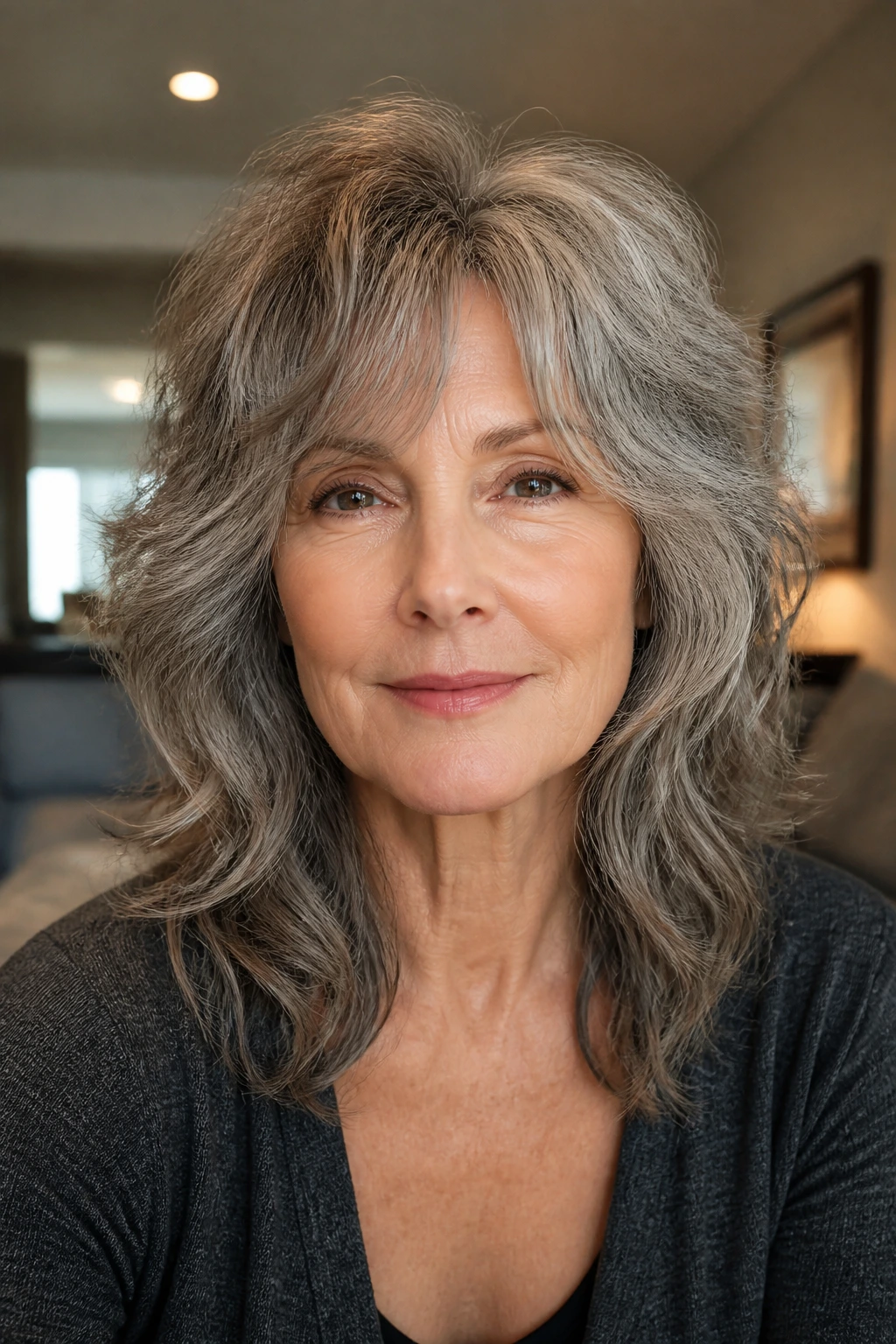 Real woman with soft wolf cut on wavy hair in warm interior light.