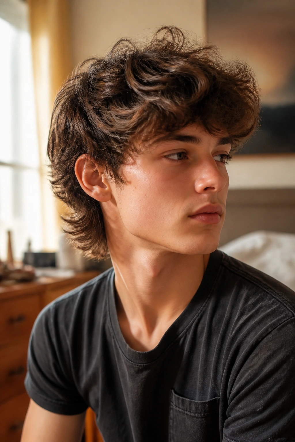 Close-up of a real boy with a light wolf cut in natural window light