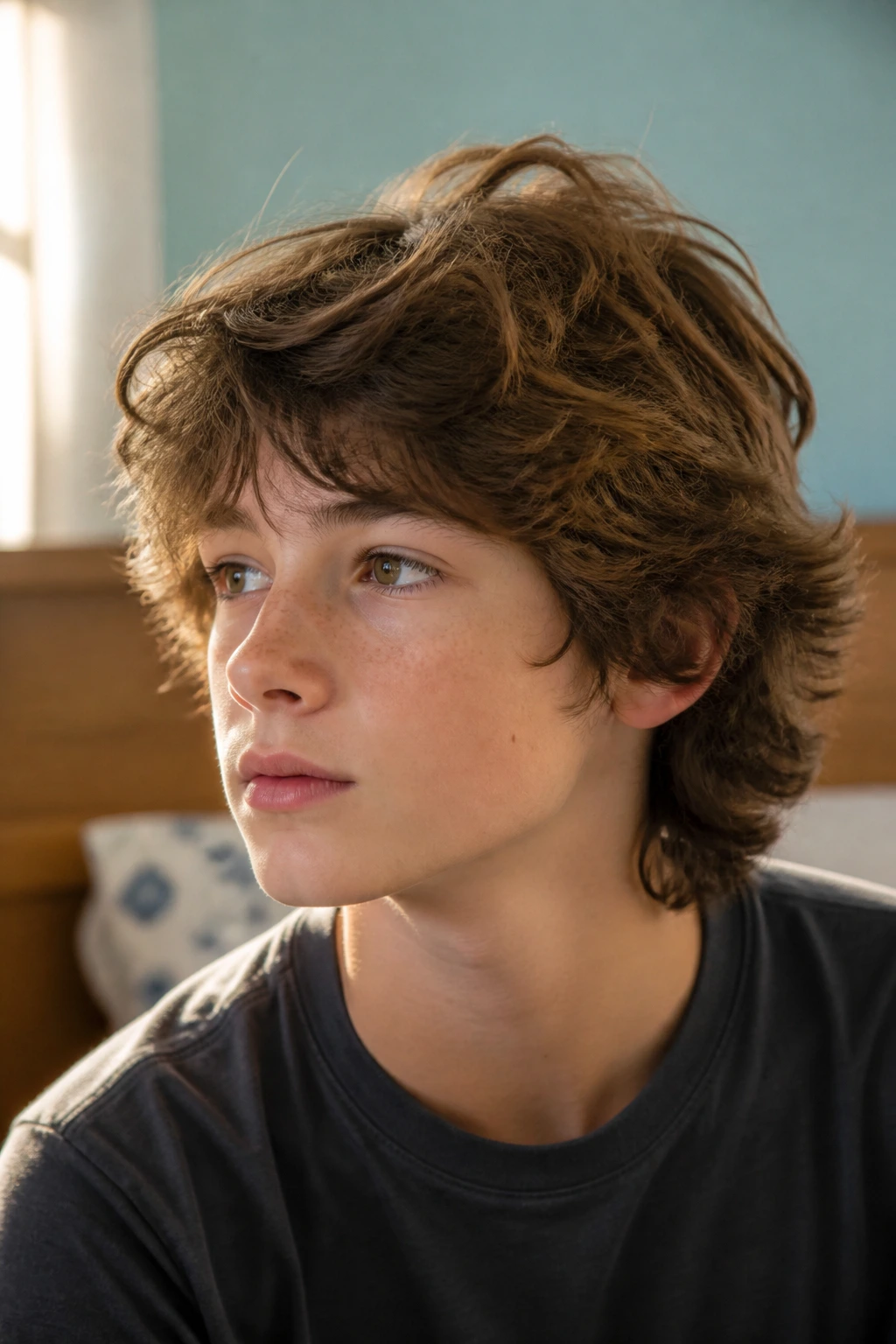 Close-up portrait of a real boy with a loose wolf cut, wavy textured hair and crown lift.
