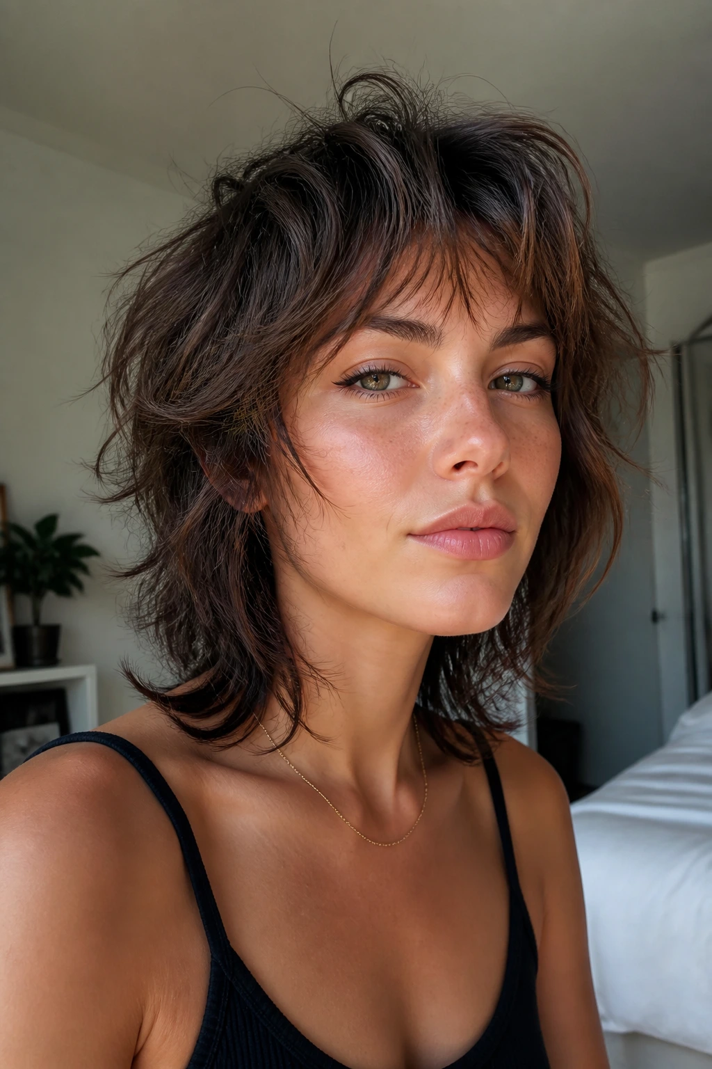 Close-up of a real woman with a piecey wolf cut showing choppy layers and waviness.