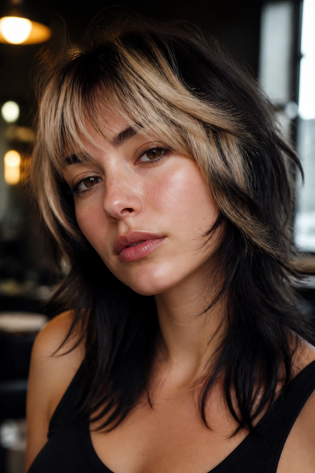 Close-up of a real woman with a wolf cut featuring rooted dark base and wheat-blonde panels