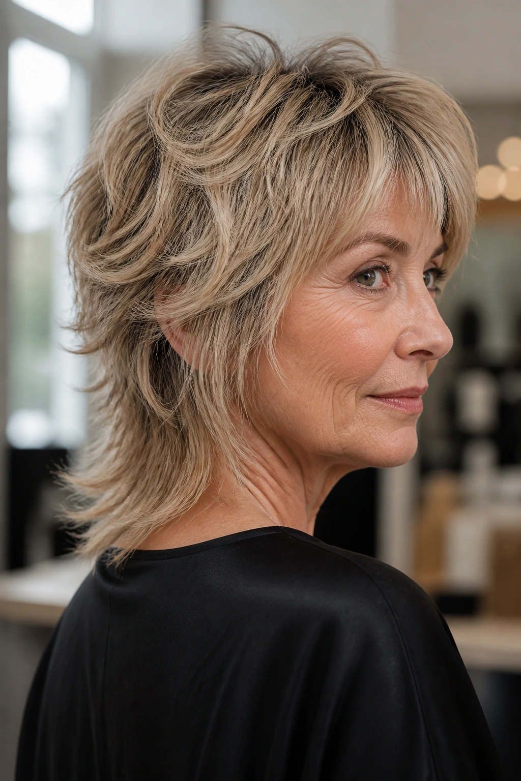Portrait of a real woman with soft wolf-edge shag and longer nape