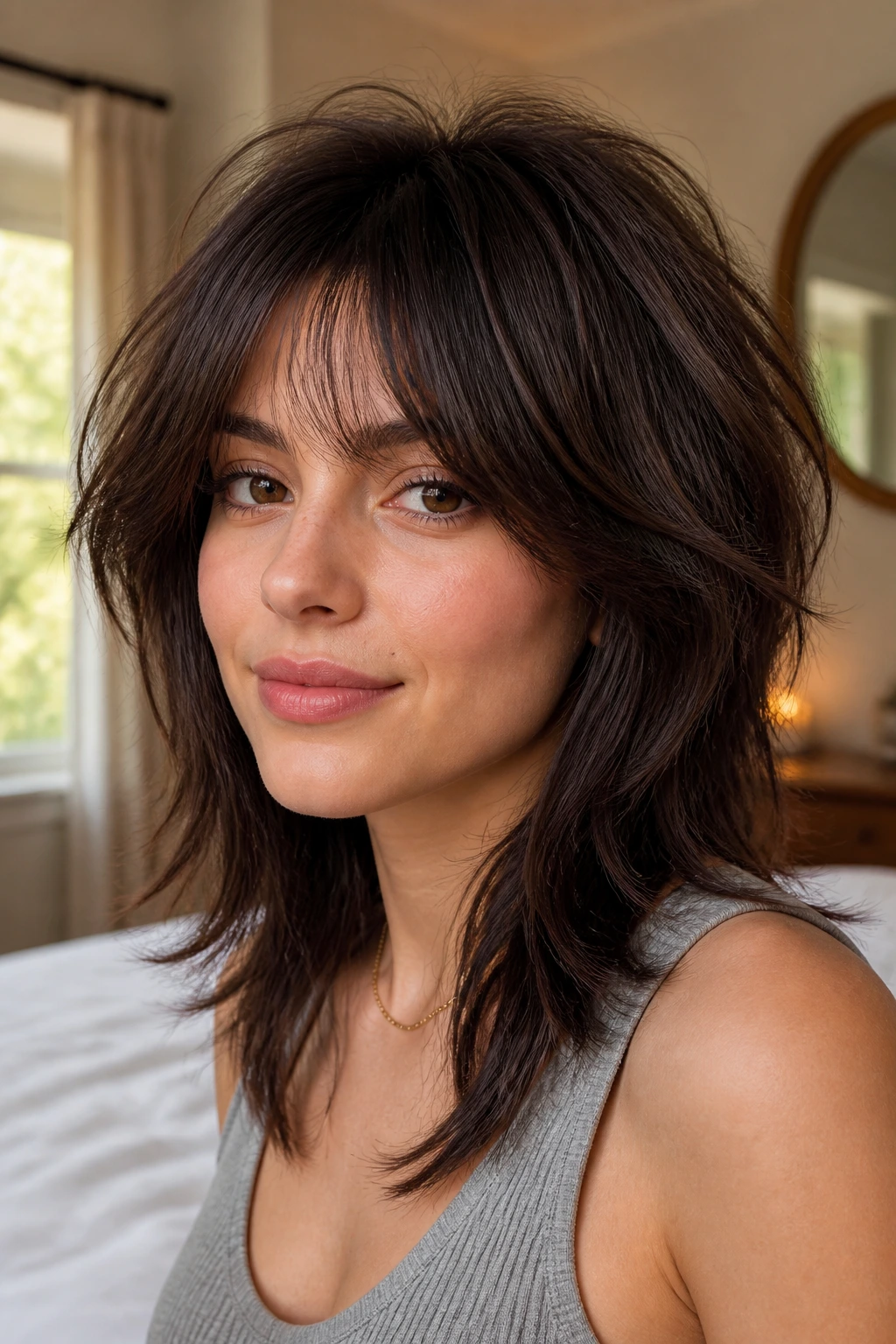Close-up portrait of a real woman with a wolf haircut showing crown lift and cheek framing in warm light