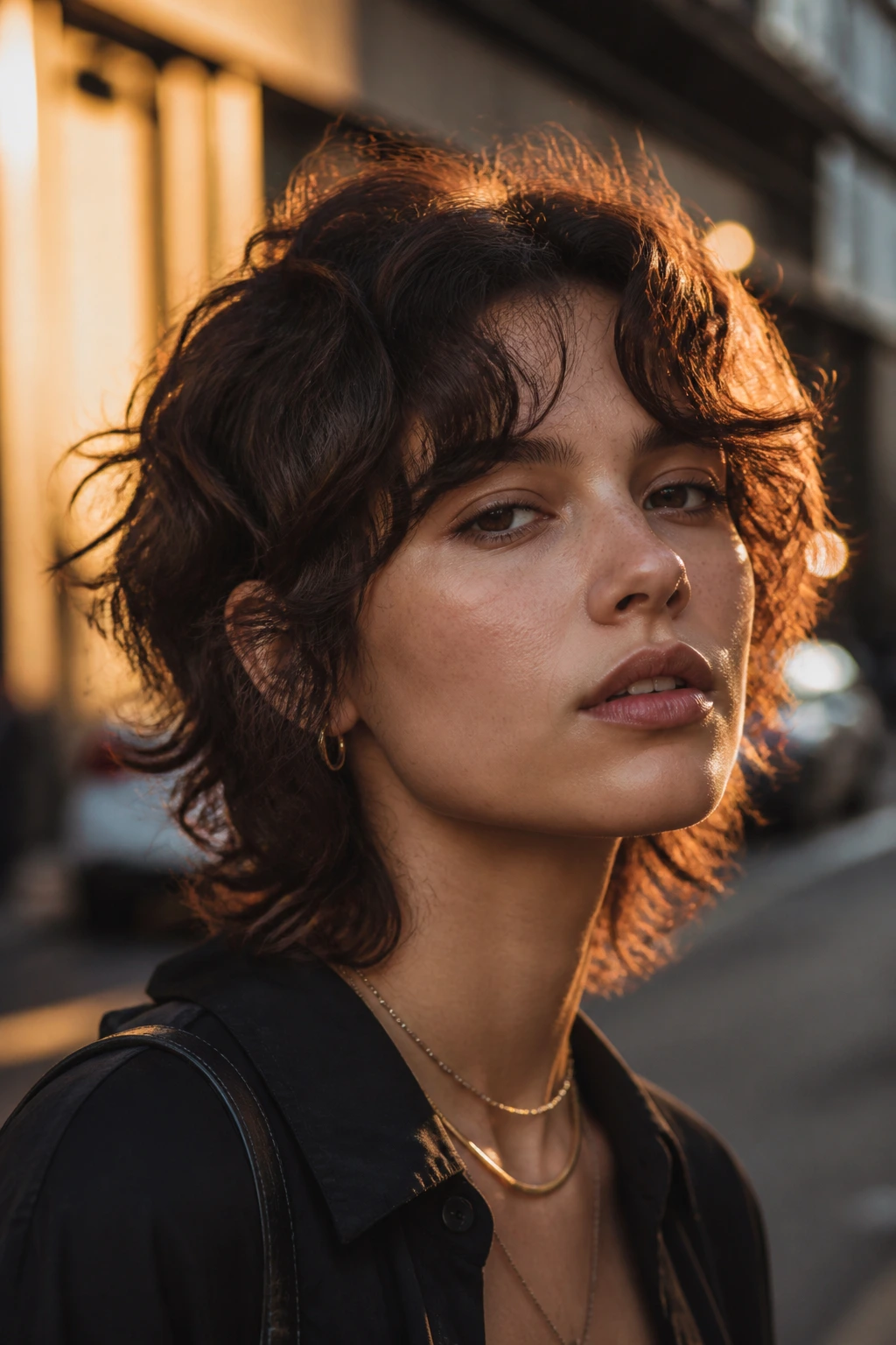 Close-up of a real person with cropped wolf-inspired cut and curtain bangs